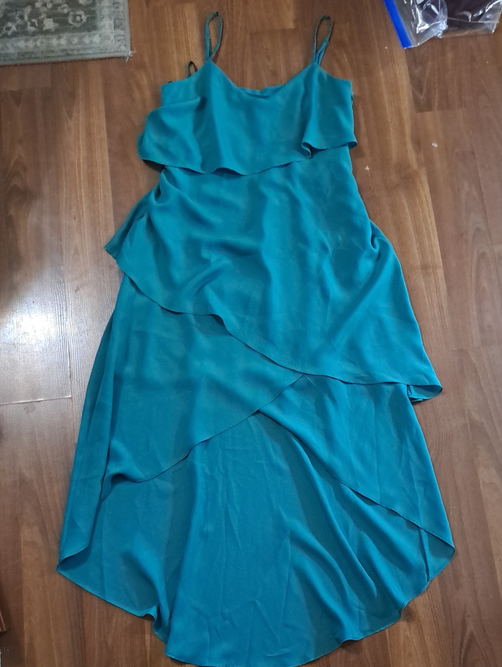 BCBG Teal Ruffled High-Low Slip Dress